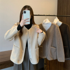 New lamb velvet retro loose zipper cardigan jacket top + base shirt two-piece suit for women