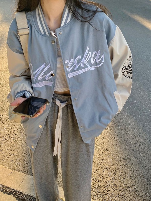 American retro baseball uniform jacket autumn new loose fashion BF style high street long-sleeved cardigan top for women