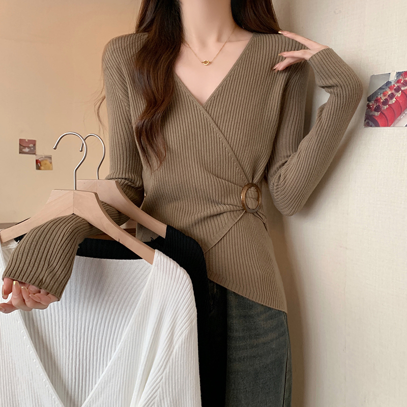 Real photos spot large size fat mm French design long-sleeved sweater for women's autumn v-neck top M-4XL