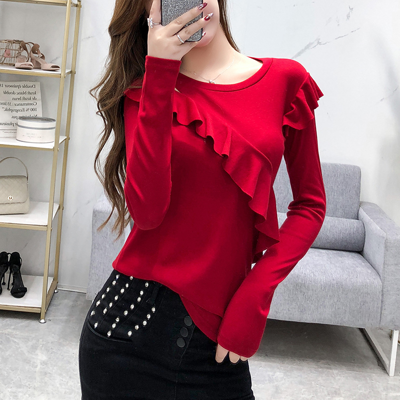 European Station 2 autumn clothes new style fashionable ruffle off-shoulder long sleeve round neck base shirt T-shirt for women