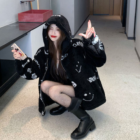 Hong Kong style student Chic street blown cardigan sweater for women autumn and winter clothes large size fat MM lazy style imitation fur coat trendy