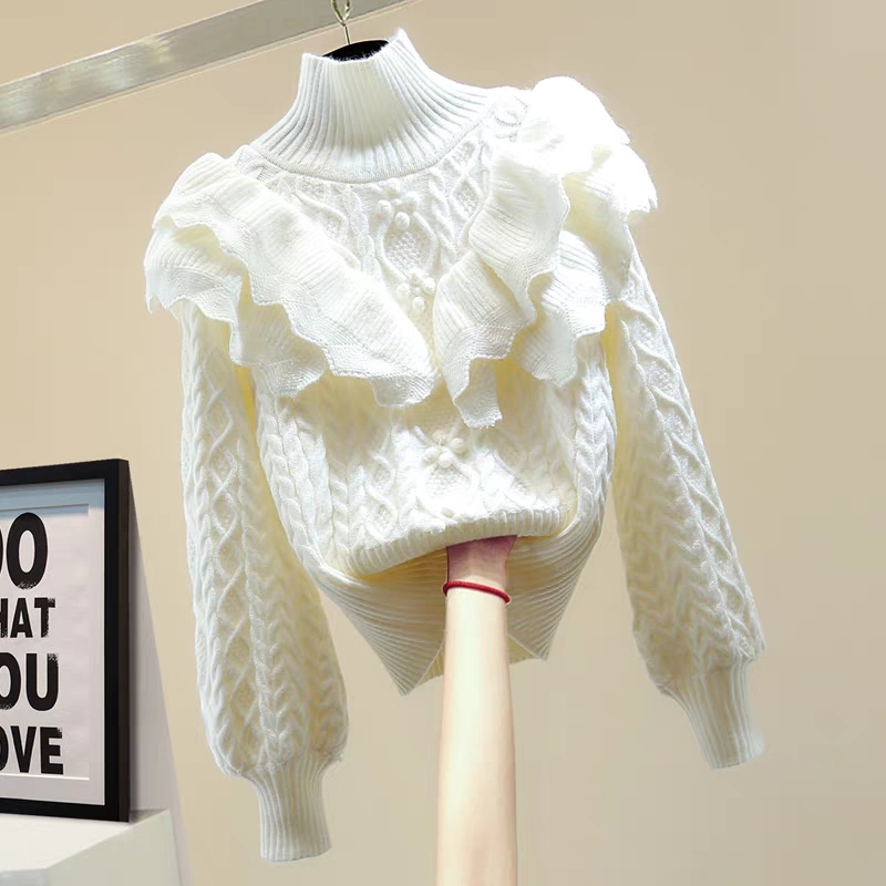 Korean style loose and slim high waist top in winter fashion ruffled turtleneck long-sleeved casual sweater trendy