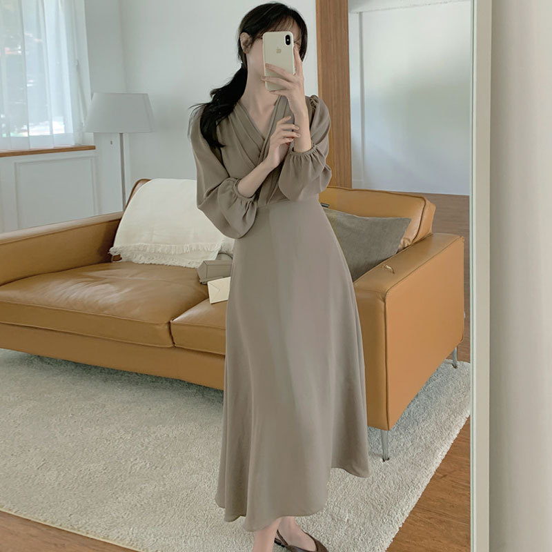 Autumn French gentle temperament cross V-neck puff sleeve long skirt lace-up waist long sleeve dress