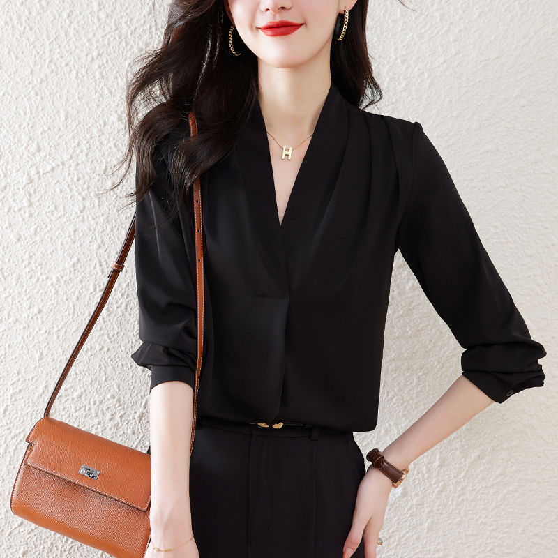 New V-neck long-sleeved temperament shirt chiffon salt shirt women's lazy style solid color