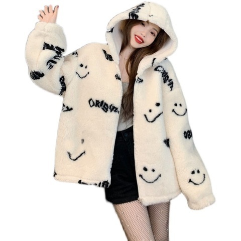 Hong Kong style student Chic street blown cardigan sweater for women autumn and winter clothes large size fat MM lazy style imitation fur coat trendy