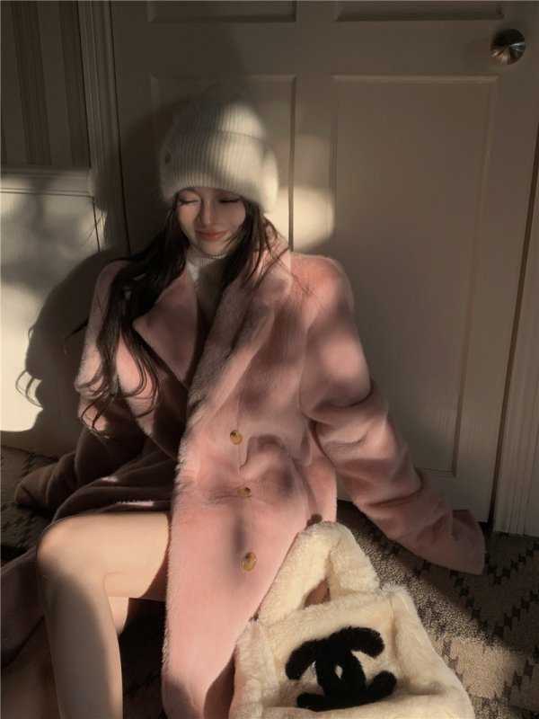 Autumn and winter pink coat tweed coat high-end Hepburn style loose double-breasted mid-length fur coat for women