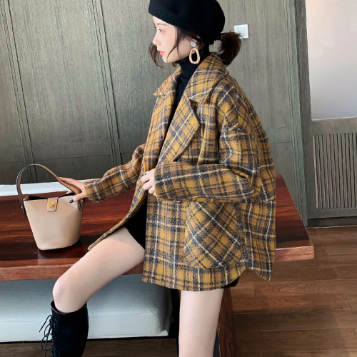 Women's autumn and winter new Korean style loose plaid small short Hepburn style tweed coat trendy