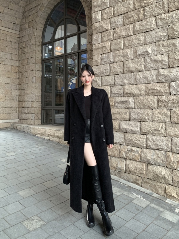 Heavy industry black suit woolen coat for women in autumn and winter mid-length temperament high-end wool coat