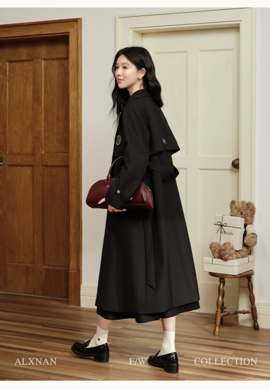 Nancheng Old Things Black College Style Trench Coat Women's Autumn New Double Breasted Mid-length Jacket