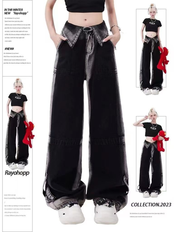 Ins American design black and gray work trousers for women with high waist versatile draping feeling slim loose floor pants trendy