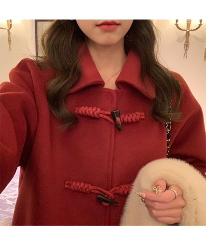 Lu Xiaotuantuan fur collar horn buckle tweed coat in winter new loose Korean long red jacket for women