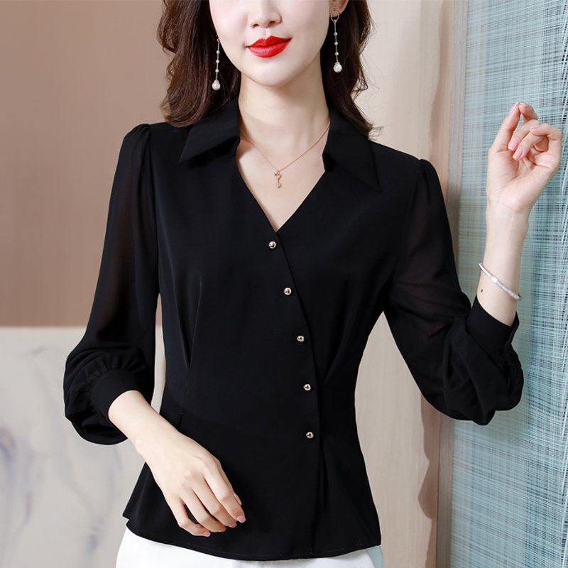 New autumn shirt for women long-sleeved POLO neck slim solid color temperament top