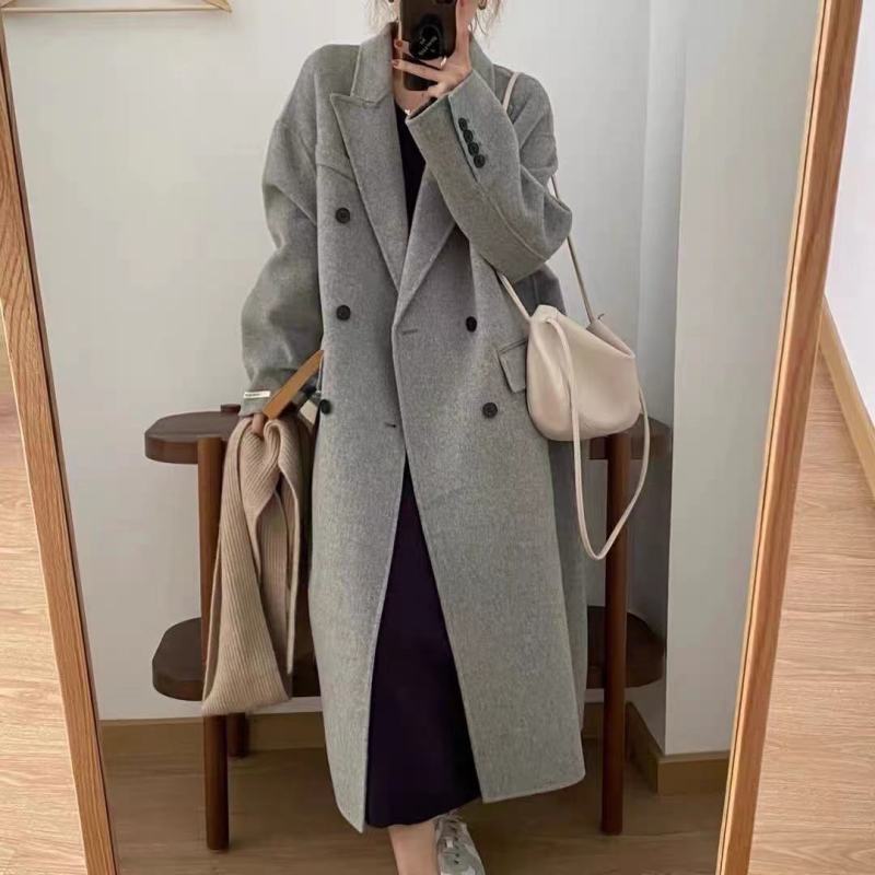 Korean Dongdaemen double-sided cashmere coat for women's mid-length silhouette high-end gray small wool woolen jacket
