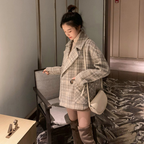 Women's autumn and winter new Korean style loose plaid small short Hepburn style tweed coat trendy
