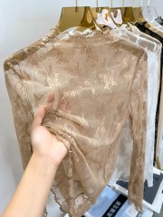 Lace base shirt with black ears for women in spring, autumn and winter long-sleeved slim tulle dress with sweater and transparent mesh top