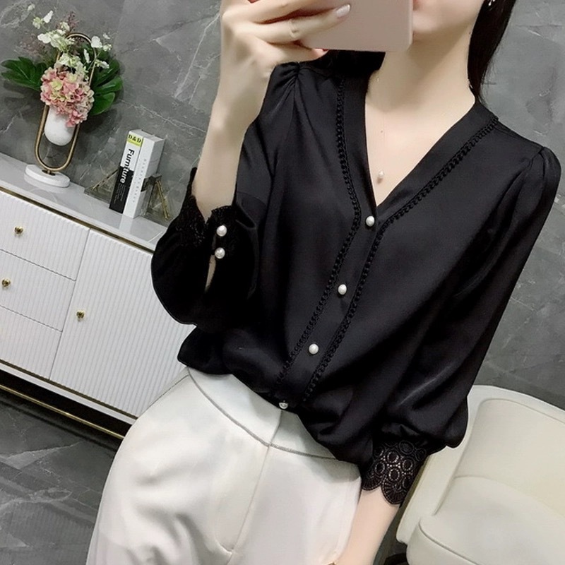 Temperament V-neck shirt top for women with large size women's clothing 2024 spring and summer new fat mm age-reducing slimming high-end shirt