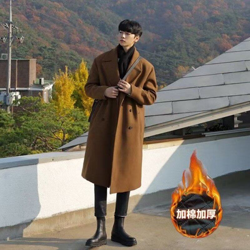 Double-breasted long men's woolen coat