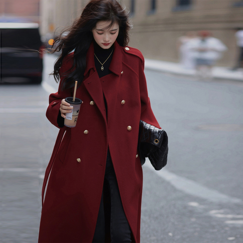 New style New Year's battle robe retro woolen coat red long gold button wool coat women