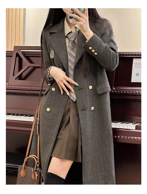 Cherry jk original herringbone wool coat for women in autumn and winter gray high-end mid-length double-breasted jacket