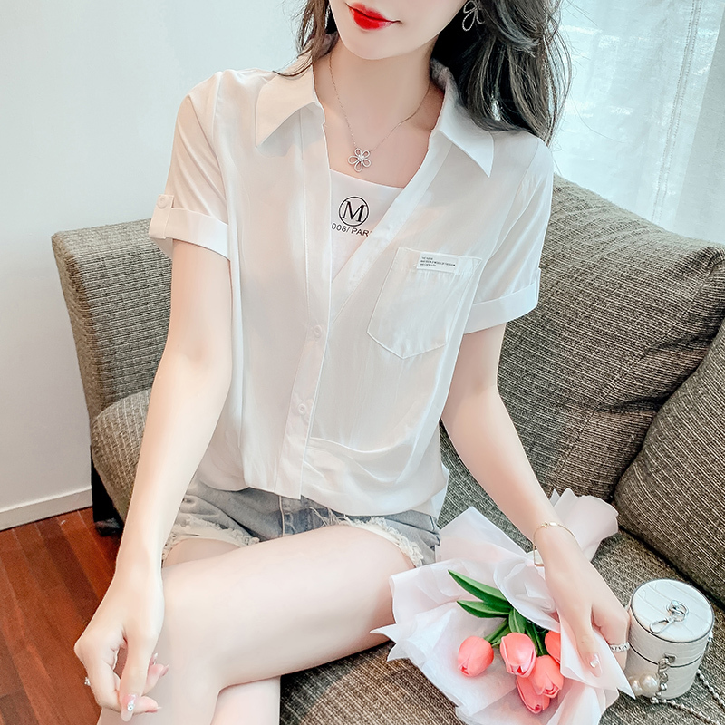 New summer Korean version loose short-sleeved fake two-piece spliced ​​V-neck shirt for women's design niche top trendy