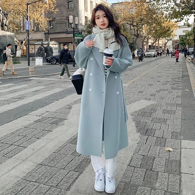 Blue Korean commuter woolen coat autumn and winter new Korean loose mid-length lace-up woolen coat for women