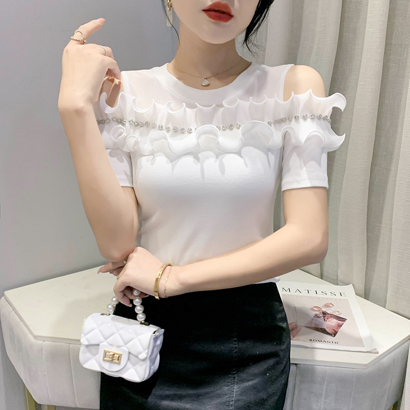 European station summer new women's ruffled mesh top heavy industry diamond-inlaided shoulder-sexy temperament shirt trendy