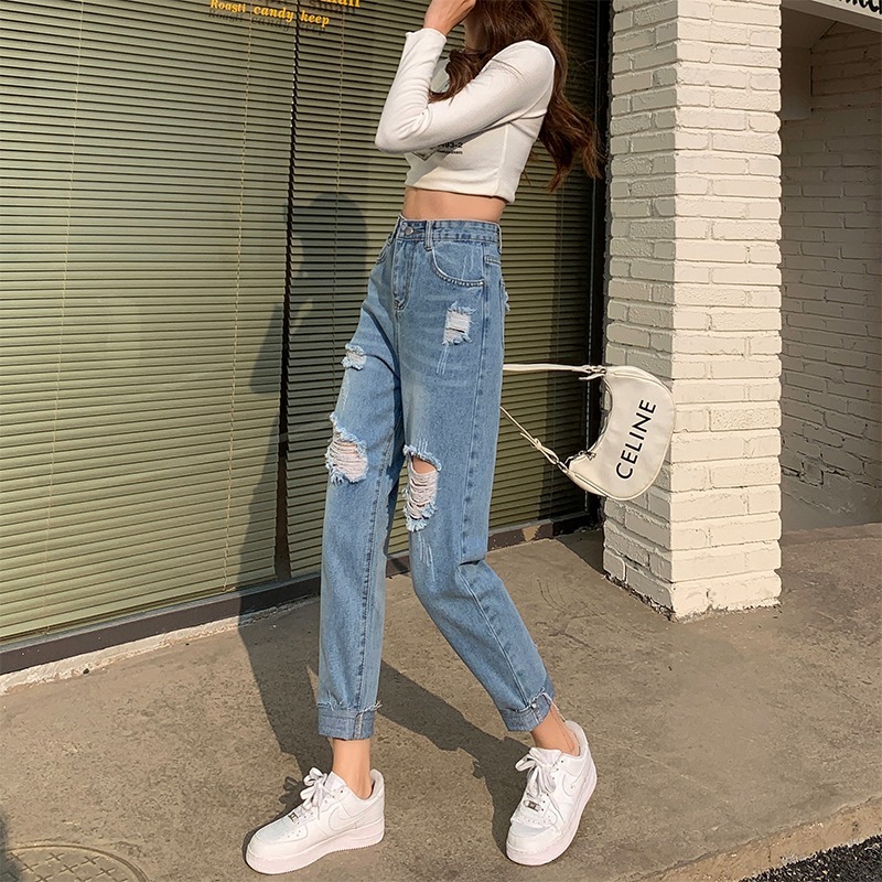 Ripped beggar nine-point jeans for women in spring and summer new straight loose high waist slim Harlen dad pants