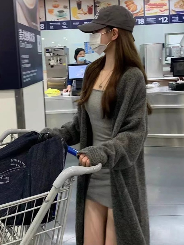 New long knitted cardigan jacket for women loose knitted top V-neck mid-length sweater