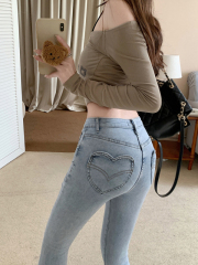 Black jeans women's spring elastic small feet high waist love pocket honey hip nine-point pencil pants