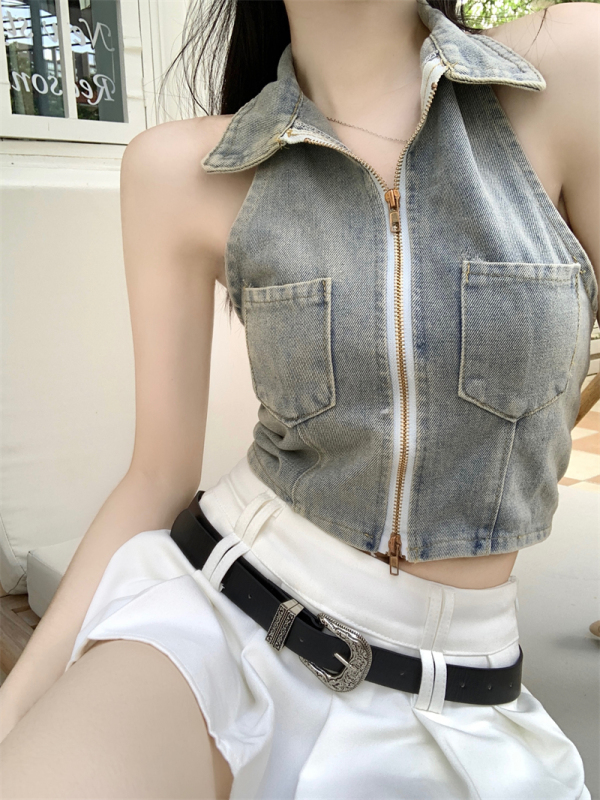 Hot girl polo neck backless denim vest in summer Korean slim short neck halter top for women