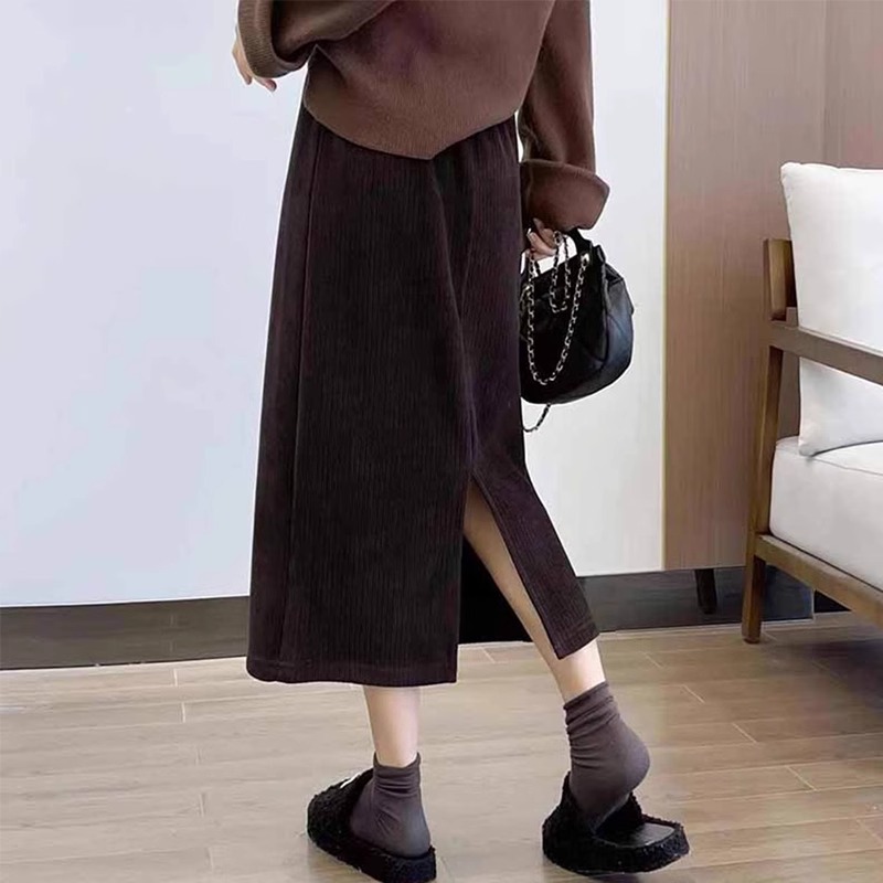 Coffee Chenille skirt for women in autumn and winter high waist straight slim and slit hips plus velvet one-step skirt A-line skirt
