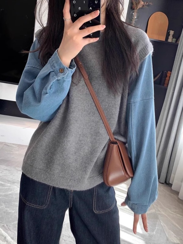 Spot design-sensory denim sleeve spliced ​​round neck sweater round neck sweater commuter versatile slim top