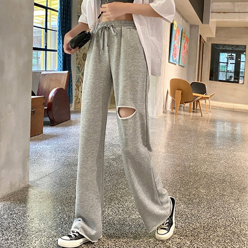 Summer gray ripped high-waist casual pants for women loose draped straight wide-leg pants slim sports pants