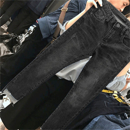 Large size women's clothing 200 catties internet celebrity cropped pants jeans women's leggings high elastic ripped feet pants