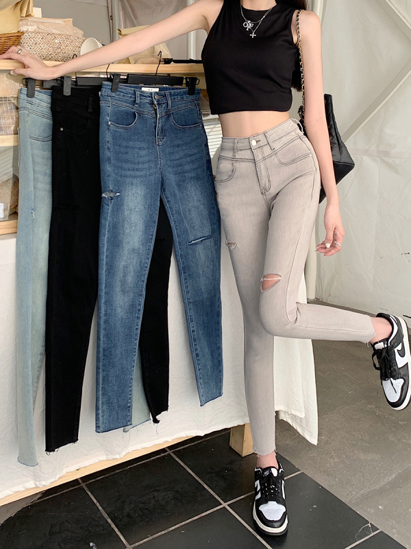 High waist ripped small feet jeans for women in summer and autumn tight hot girls thin stretch nine-point pants