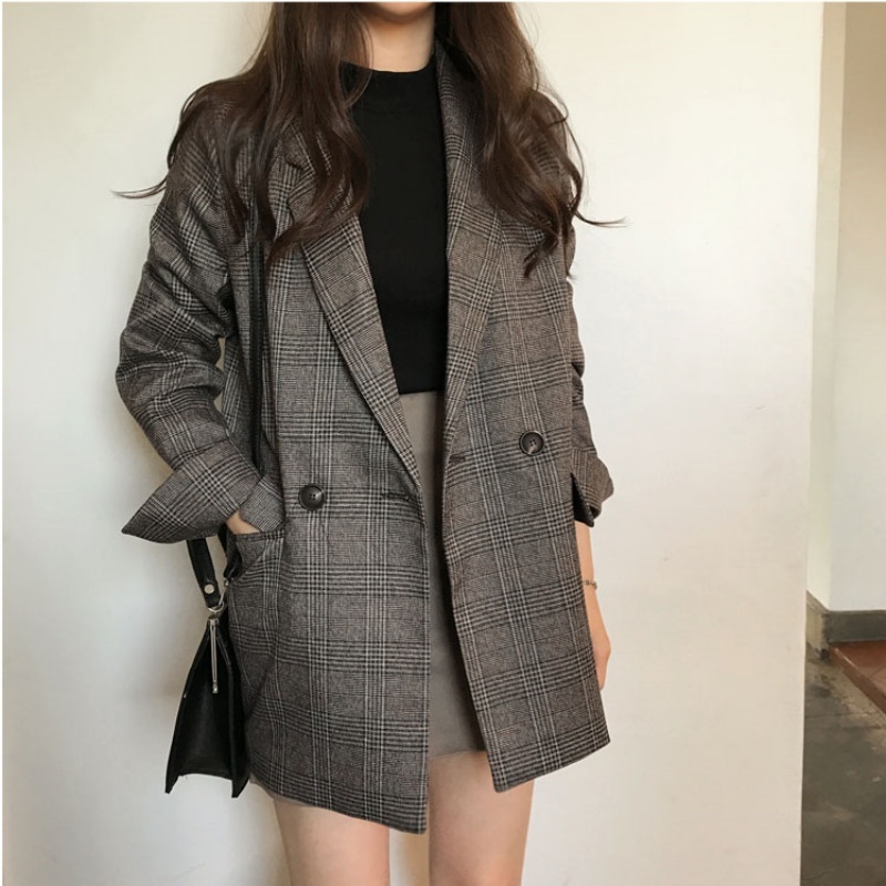 Spot Korean chic retro temperament simple classic checkered double row two-bar suit jacket for women 2 colors