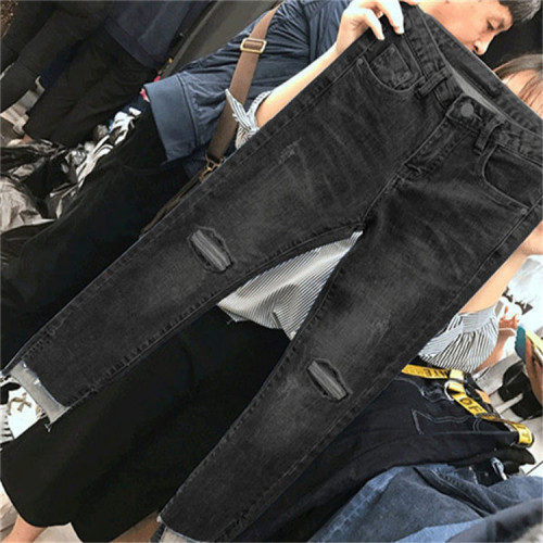 Large size women's clothing 200 catties internet celebrity cropped pants jeans women's leggings high elastic ripped feet pants