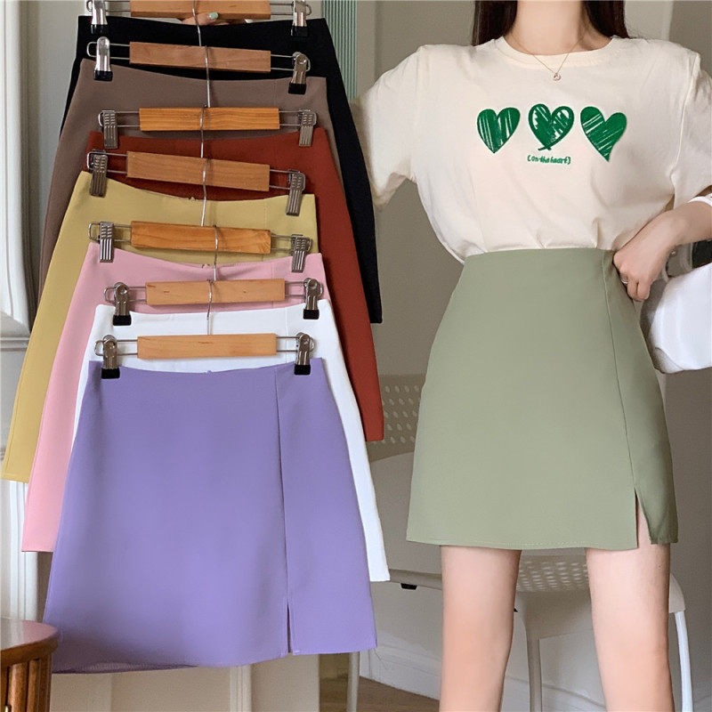 Summer Korean version basic multi-color slit candy color skirt A-line high-waisted student versatile skirt