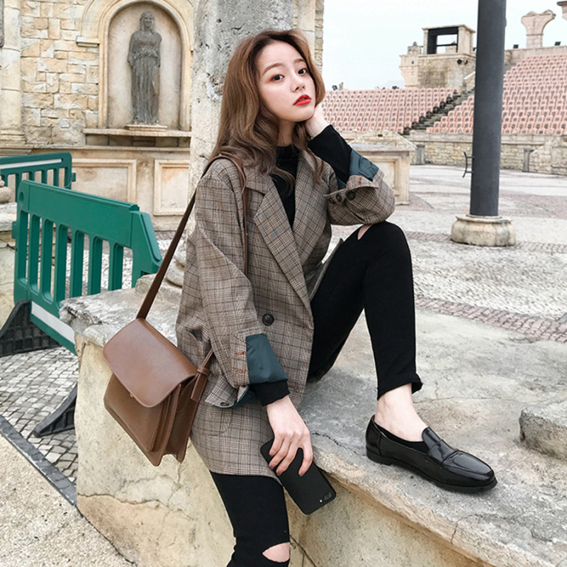 Korean chic small suit jacket for women in spring and autumn new Korean style loose houndstooth plaid retro suit