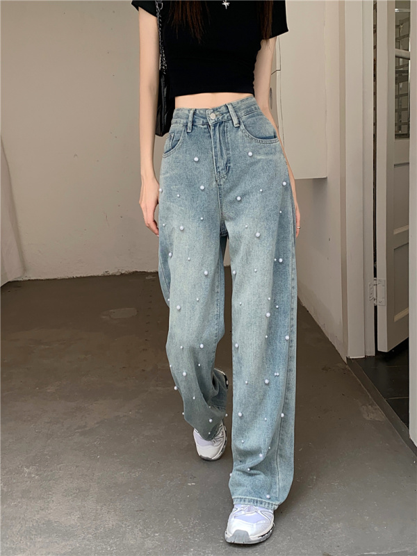 Fashionable pearl high waist slim jeans summer Korean style loose wide-leg floor trousers ins