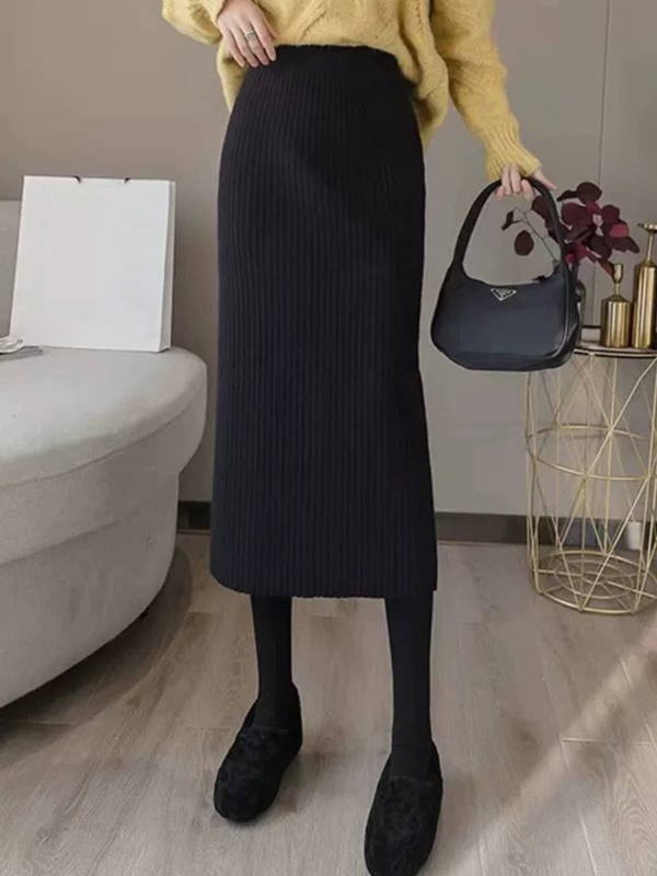 Knitted skirt, high waist, slim, straight tube, solid color wool long skirt, autumn and winter warm one-step skirt, sweater skirt