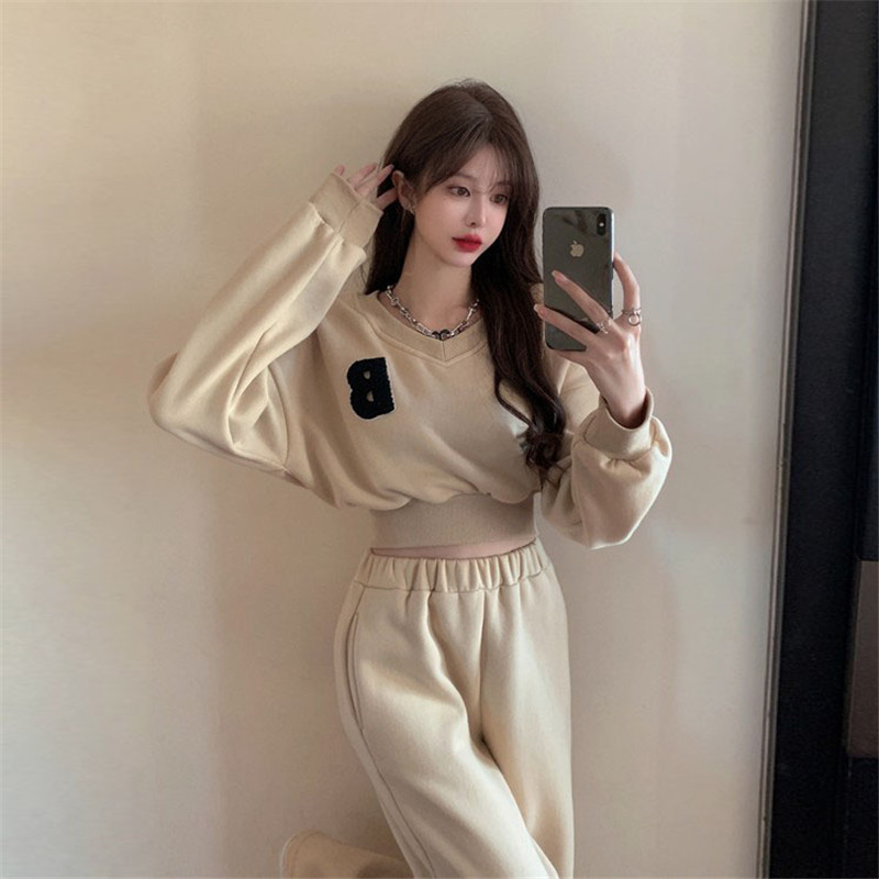 Shipped Fashion suit for women loose V-neck letter B short sweatshirt elastic high waist two-piece set
