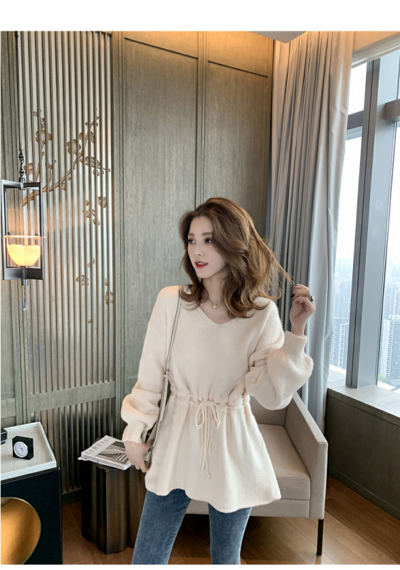 New V-neck knitted base shirt with lantern sleeve waist wool top for female students long sleeves lace-up T-T