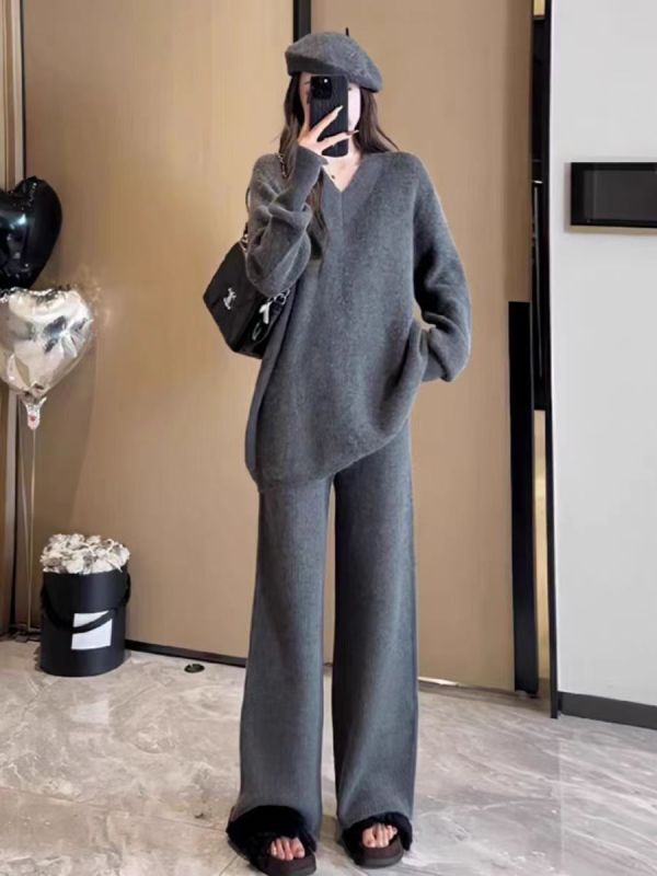 Lazy style knitted sweater set for women's autumn and winter large size loose wide-leg casual pants fashionable and high-end temperament two-piece set