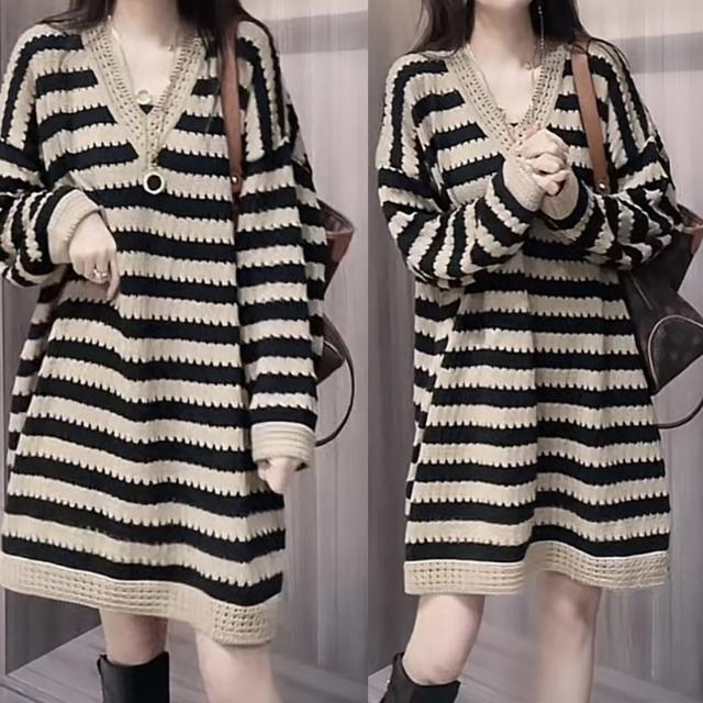 Early autumn striped knitted sweater dress for women, fashionable and versatile age-reducing base skirt, Korean loose mid-length sweater trendy