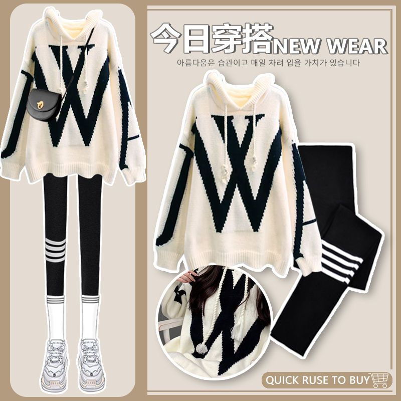 Women's new style, lazy style knitted hooded sweater, slimming base shark pants two-piece set