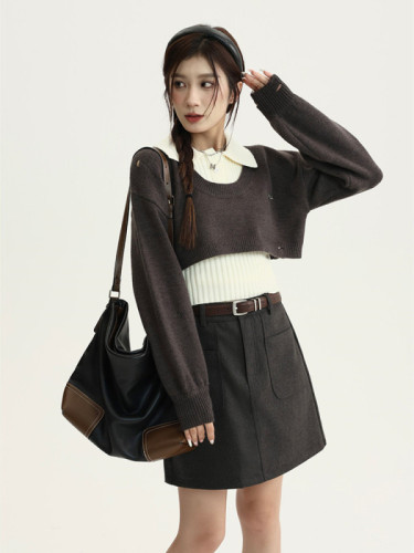 American retro short pullover sweater for women new style slim lapel sleeveless vest two-piece set