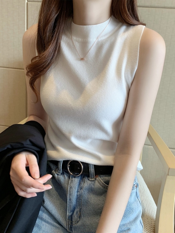 White knitted vest new popular small suspender women's inner wear autumn and winter half-high neck bottoming shirt sleeveless top