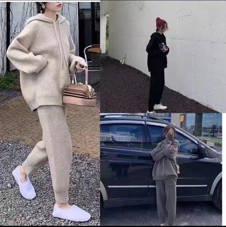 Autumn clothing internet celebrity fashion small fragrance style professional Hong Kong style suit women's retro chic knitted casual pants two-piece set