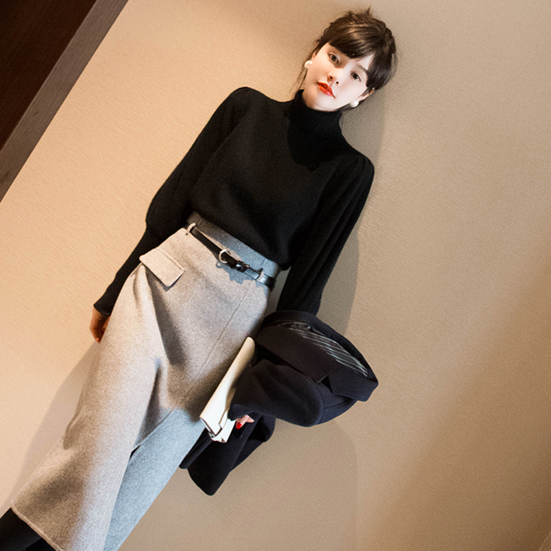 Island Country Boutique Series Slim Wool Double-sided Over-Knee Skirt Skirt with Exquisite Belt